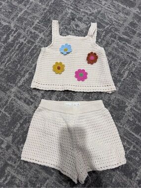 Zara Cream Crochet Tank Top & Shorts Set with Multicolored Flower Appliqués